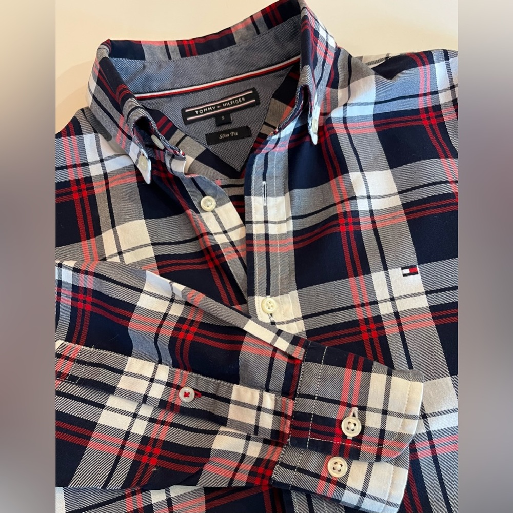 TOMMY HILFIGER Shirt Tartan Plaid Button Down Long Sleeve Red White Blue.